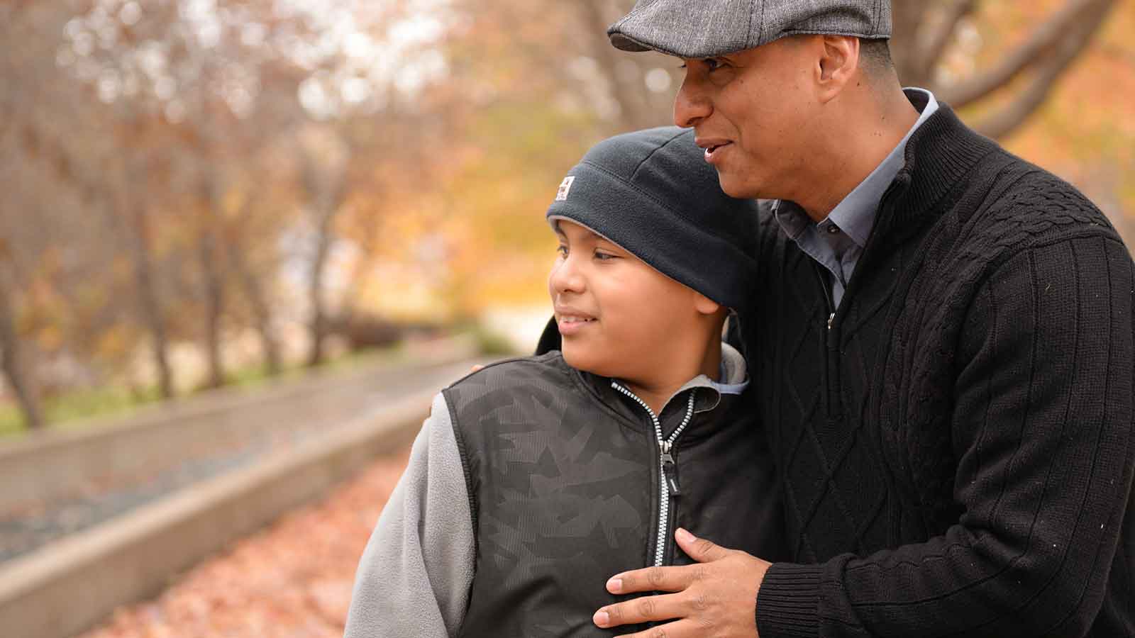 father and son, fall weather